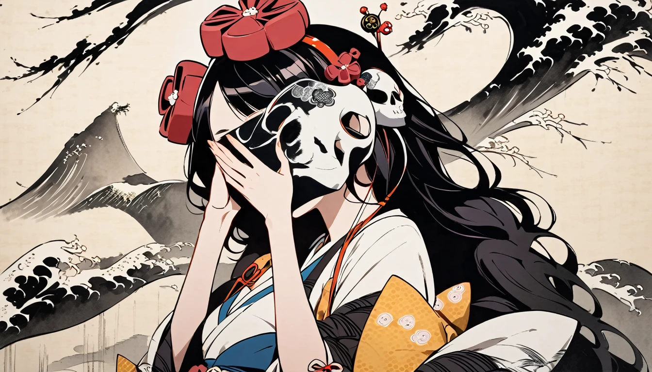 (((Cover your entire face with a skull mask))), (((Katsushika Hokusai))), (((Ink Painting))), ((very straight longhair)), ((1 girl)), Japanese style headphones, Black Hair, Delicate and precise, Modern ukiyo-e style