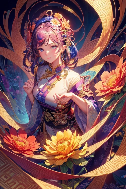 (masterpiece, Highest quality, Highest quality, Official Art, beautifully、aesthetic:1.2), (One girl:1.3), Very detailed,(Fractal Art:1.1),(colorful:1.1)(Flowers:1.3),Most detailed,(Tangled:1.2), (Dynamic pose), (Abstract background:1.3), (Chinese traditional cloth:1.2), (Shiny skin), (Many colors:1.4), ,(Earrings:1.4),