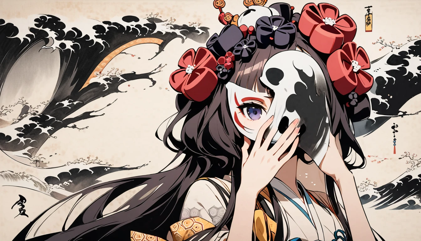 (((Cover your entire face with a skull mask))), (((Katsushika Hokusai))), (((Ink Painting))), ((very straight longhair)), ((1 girl)), Japanese style headphones, Black Hair, Delicate and precise, Modern ukiyo-e style