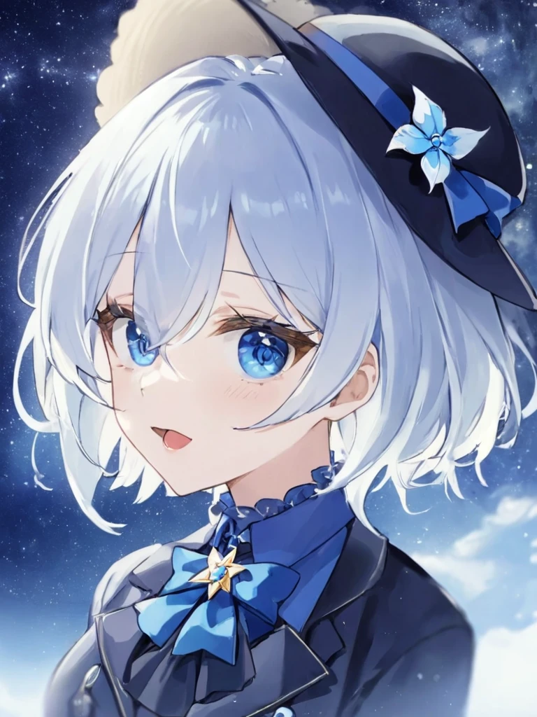 1girl, solo, blue_eyes, gloves, hat, looking_at_viewer, bow, blue_hair, open_mouth, white_hair, brooch, short_hair, flower, black_gloves, jewelry, hair_between_eyes, star_\(sky\), hat_bow, upper_body, ahoge, blue_theme, bangs, ascot, long_sleeves, blurry, blue_headwear, blurry_foreground, blue_bow, ribbon, sky, jacket, starry_sky, depth_of_field, blue_shirt, multicolored_hair, blue_flower, black_headwear, hat_flower, hat_feather