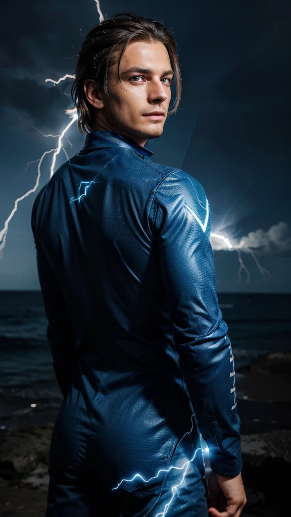 create an image of a man looking back and from his eyes lighting up blue with small lightning bolts, The light radiating sharply from his eyes gave the impression that an unexpected power was awakening within him