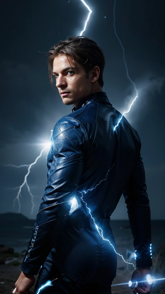 create an image of a man looking back and from his eyes lighting up blue with small lightning bolts, The light radiating sharply from his eyes gave the impression that an unexpected power was awakening within him