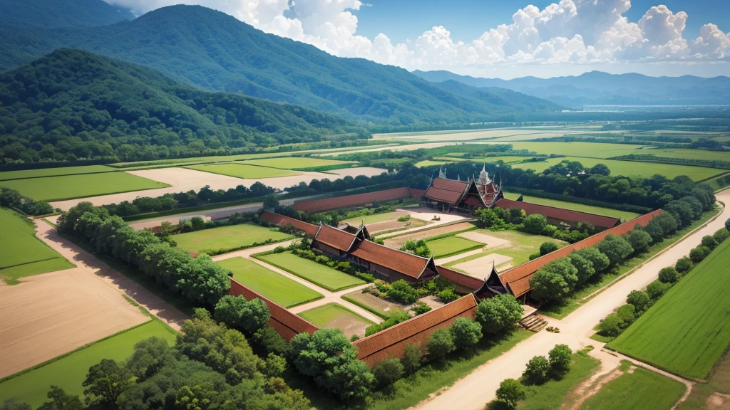 Beautiful scenery of ancient Cambodian village. Aerial view. Photorealistic photos, High definition. 8K