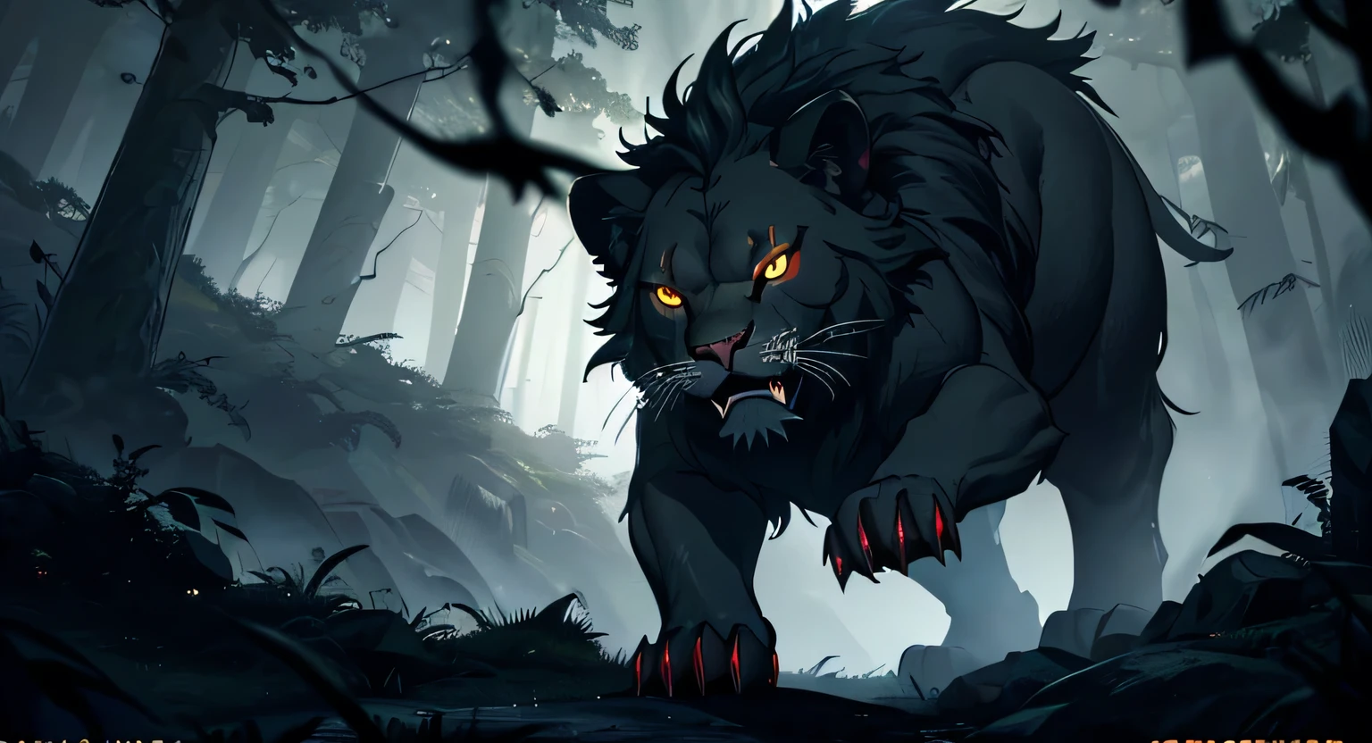 A fierce lion, (glowing eyes:1.2), (sharp fangs:1.2), pouncing mid-air, in a dark, mysterious forest, (moody lighting:1.2), (dramatic atmosphere:1.3), detailed fur, powerful muscles, (photorealistic:1.4), (cinematic:1.3), (award winning photograph:1.2), (dramatic lighting:1.2), ultra detailed, 8K