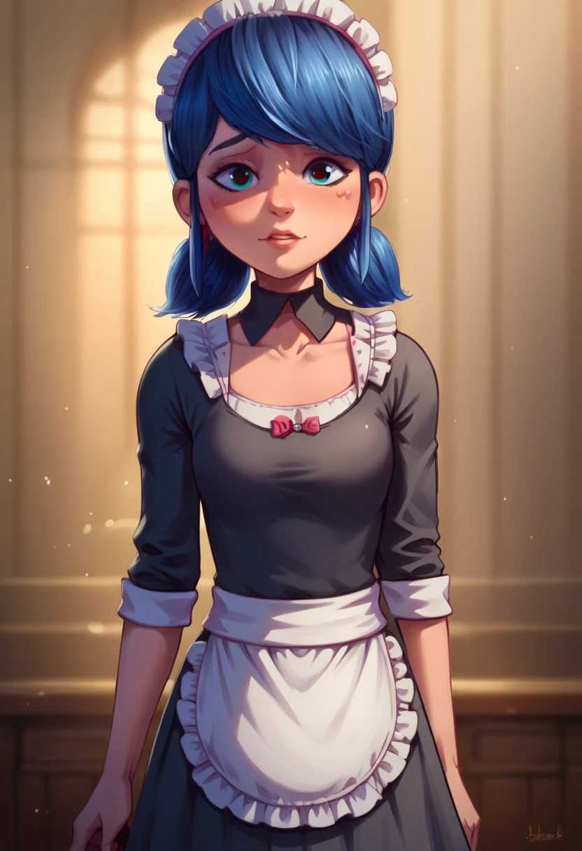 Marinette Dupain Cheng from Miraculous dressed as a very sexy maid standing facing the viewer in first person with a look of love and tenderness