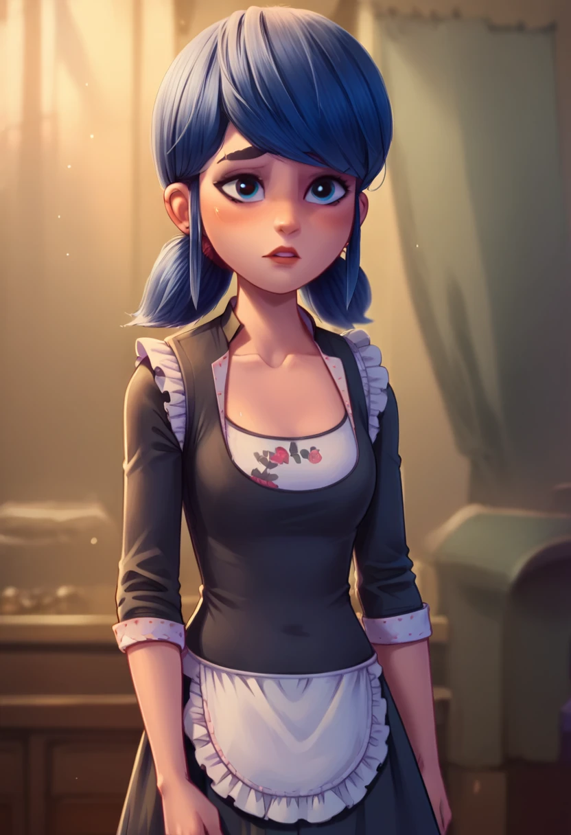 Marinette Dupain Cheng from Miraculous dressed as a very sexy maid on her knees looking at the viewer from the front in first person with a submissive look