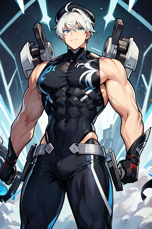 Robot muscle man, White hair, black cap, blue eyes 