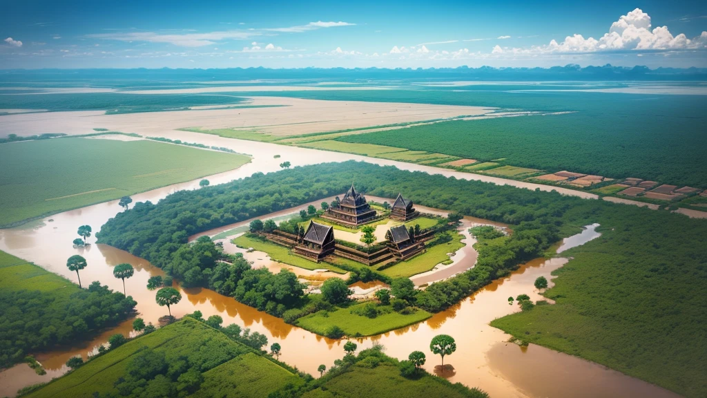 Beautiful scenery of ancient Cambodian village. Aerial view. Photorealistic photos, High definition. 8K