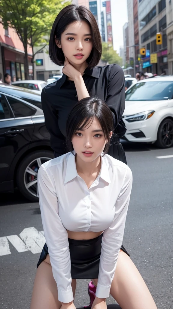 underboob breasts, ((half body foto))(((wearing crop collared shirt, black tight skirt))) ((())) ,, detailed skin, ((asia white skin color)),detailed skin, gigantic breasts, Slim Waist, (((4K resolution))),(()) (((medium black hair silky thick hairstyle))) ((white skin)) ((extremely detailed face)) ((extremely detailed eyes)) (((open mouth))) ((outdoor background downtown crowd)) (((eye direction looked on camera))) look (()) ((sixpack woman)) ((model posture)), face, extremely detailed full body color photo of a 18 y.o girl, beautiful face, beautiful eyes, (()), (((sexy))) big breasts, slim body, ((skin details, high texture)), ((standing, bend over, hands on legs, sexy pose)), bend over, hand fix, finger fix, nails fix, realistic hand wrinkles, realistic eyes, octane render, simetris eyes,(white perfect teeth)