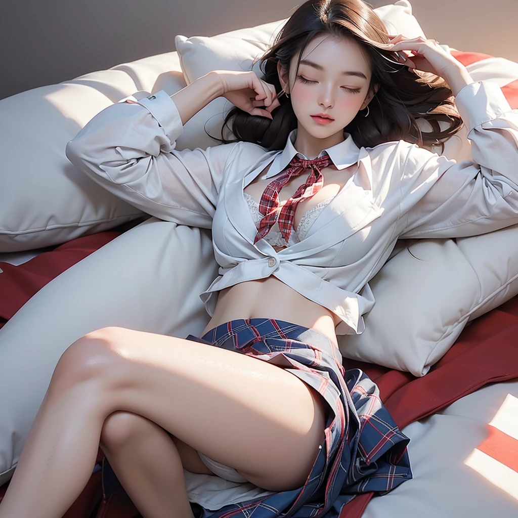 8K、RAW Photos、Highest quality、Super detailed、Super Resolution、Ultra HD、8K壁紙、Amazing details blazer uniform girl ((White blouse with formal collar, Blue Blazer, 
Red Check Skirt, Red checkered ribbon on blouse)), Complete limbs, Full Finger, 
(((A woman is sleeping with her eyes closed)))Brown Hair、(White skin)
(((((Full body photo)))))
((((Panties and bra are visible))))
