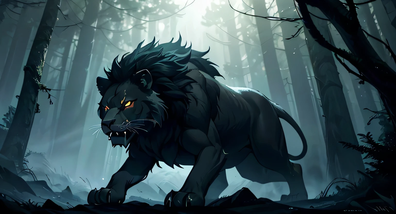 A fierce lion, (glowing eyes:1.2), (sharp fangs:1.2), pouncing mid-air, in a dark, mysterious forest, (moody lighting:1.2), (dramatic atmosphere:1.3), detailed fur, powerful muscles, (photorealistic:1.4), (cinematic:1.3), (award winning photograph:1.2), (dramatic lighting:1.2), ultra detailed, 8K