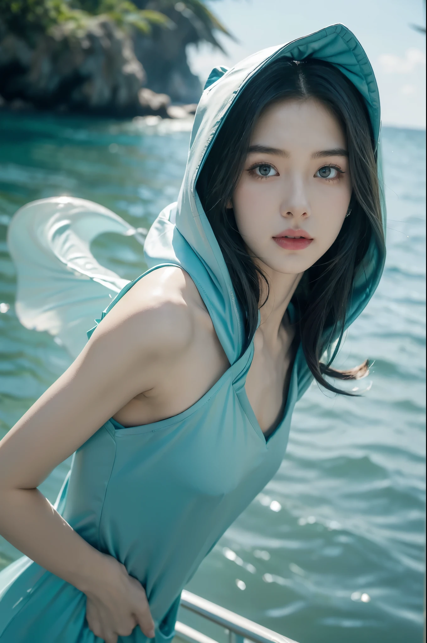 (((best quality))),(((ultra detailed))),(((masterpiece))),illustration,(1 beautiful girl,shark girl,solo),((slim,thin,small breasts,flat chest)),aquarium,summer night,(sleek sharkhead-hooded shirt-dress:1.3),shimmering hues,enchanting aura,(shoulder length straight bob hair:1.2),ocean-blue locks,shiny seaweed,porcelain skin,neon lights,emerald eyes,sharp gaze,delicate shark fin,translucent membrane,dancing fish,vibrant colors,undulating water,salty scent,distant waves,coral reef,gentle shadows,serene ambiance,electric atmosphere,Alezandra,oceanic magic,allure,enchantment,vision,extraordinary presence,((from front,upper body))