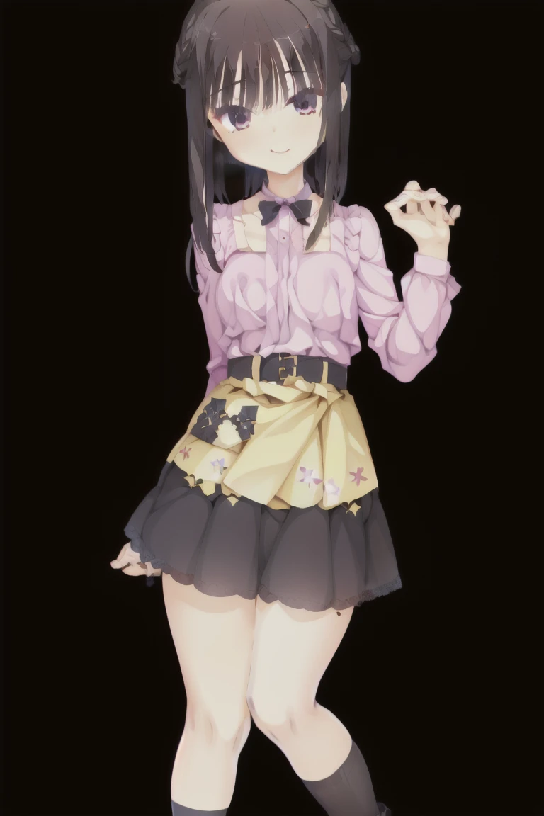 1girl,smiling,bangs,brown_hair,独奏,black_hair,closed_eyes,short_hair,lips,pink_blouse,black_skirt,Thigh-high socks,jirai_fashion,Character portrait, whole body, expensive_solve, clear_image, expensive_Contrast, 8K, Sparkling, beautiful_detailed_face_and_eye, (Brown Hair:1.25), 白 eye,Black background,full body, Character portrait, whole body, expensive_solve, clear_image, expensive_Contrast, 8K, Sparkling, beautiful_detailed_face_and_eye, (Black Hair:1.25), 白 eye,Black background