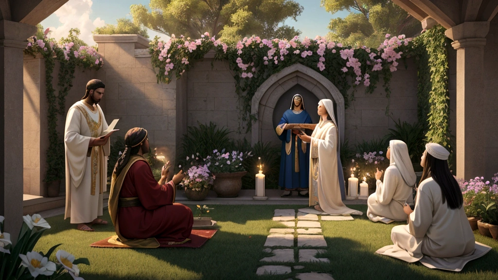 "Description: Illustrate a serene and heavenly scene where believers from diverse backgrounds are gathered in a tranquil garden within a celestial realm. Show them engaged in joyful activities such as worship, fellowship, and contemplation, symbolizing their anticipation of eternal life and communion with God.
Details:
Setting: A lush garden filled with vibrant flowers and soft, ethereal lighting.
Characters: Diverse group of believers, depicted with expressions of peace and spiritual fulfillment, engaging in worship and fellowship.
Elements: Include open books with scriptures glowing softly, angelic figures in the background radiating light, and a radiant horizon symbolizing the promise of eternal dawn and a heavenly realm.
Visual Concept: The scene should evoke a sense of tranquility, spiritual unity, and anticipation of eternal life, capturing the essence of biblical teachings on hope and assurance in a heavenly existence."