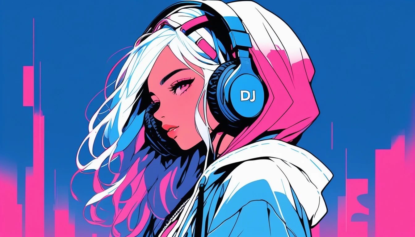 Illustrator, anime , Realistic ,sketch , 1 Girl, ,lip, hoodie,order, Blue gradient background, Neon Hair,Textured Trim, Canadian, (masterpiece,Highest quality), lofi, Battle DJ girl in HIPHOP fashion wearing DJ headphones,
