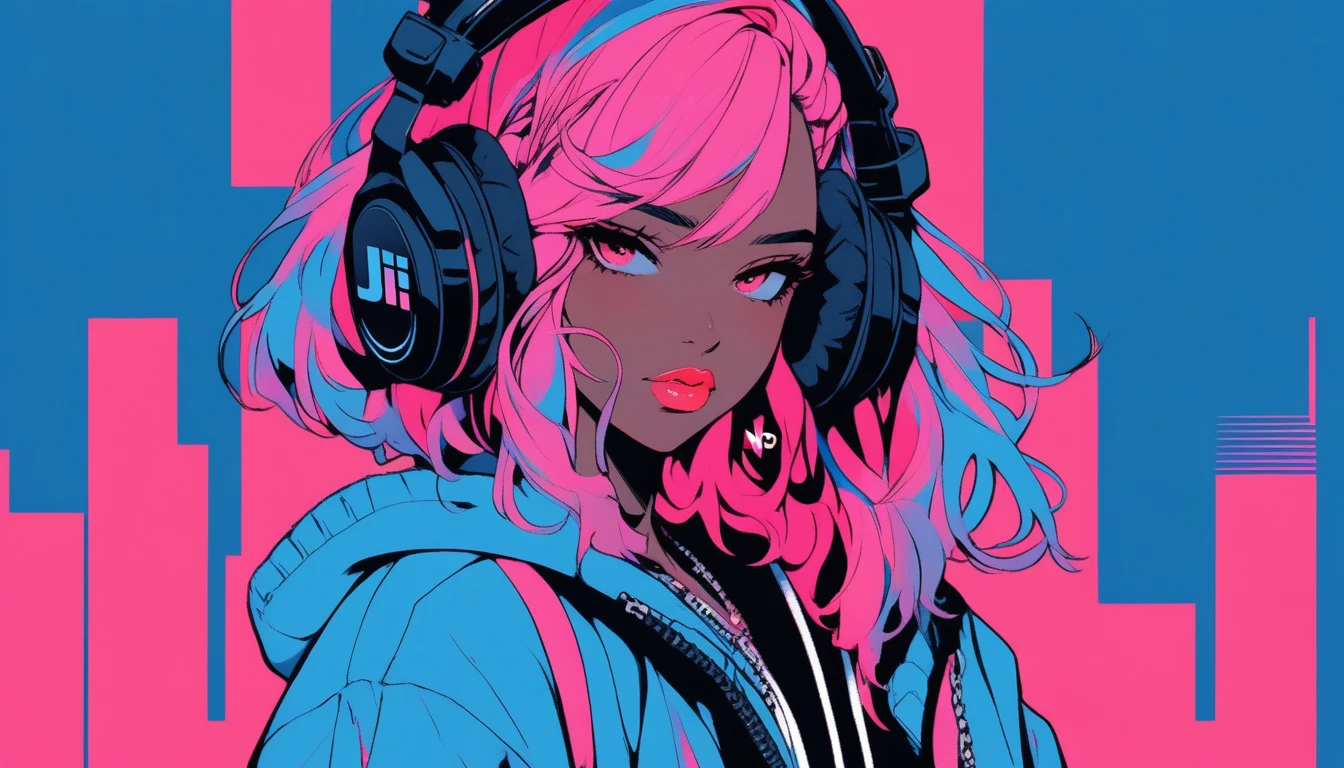 Illustrator, anime , Realistic ,sketch , 1 Girl, ,lip, hoodie,order, Blue gradient background, Neon Hair,Textured Trim, Canadian, (masterpiece,Highest quality), lofi, Battle DJ girl in HIPHOP fashion wearing DJ headphones,