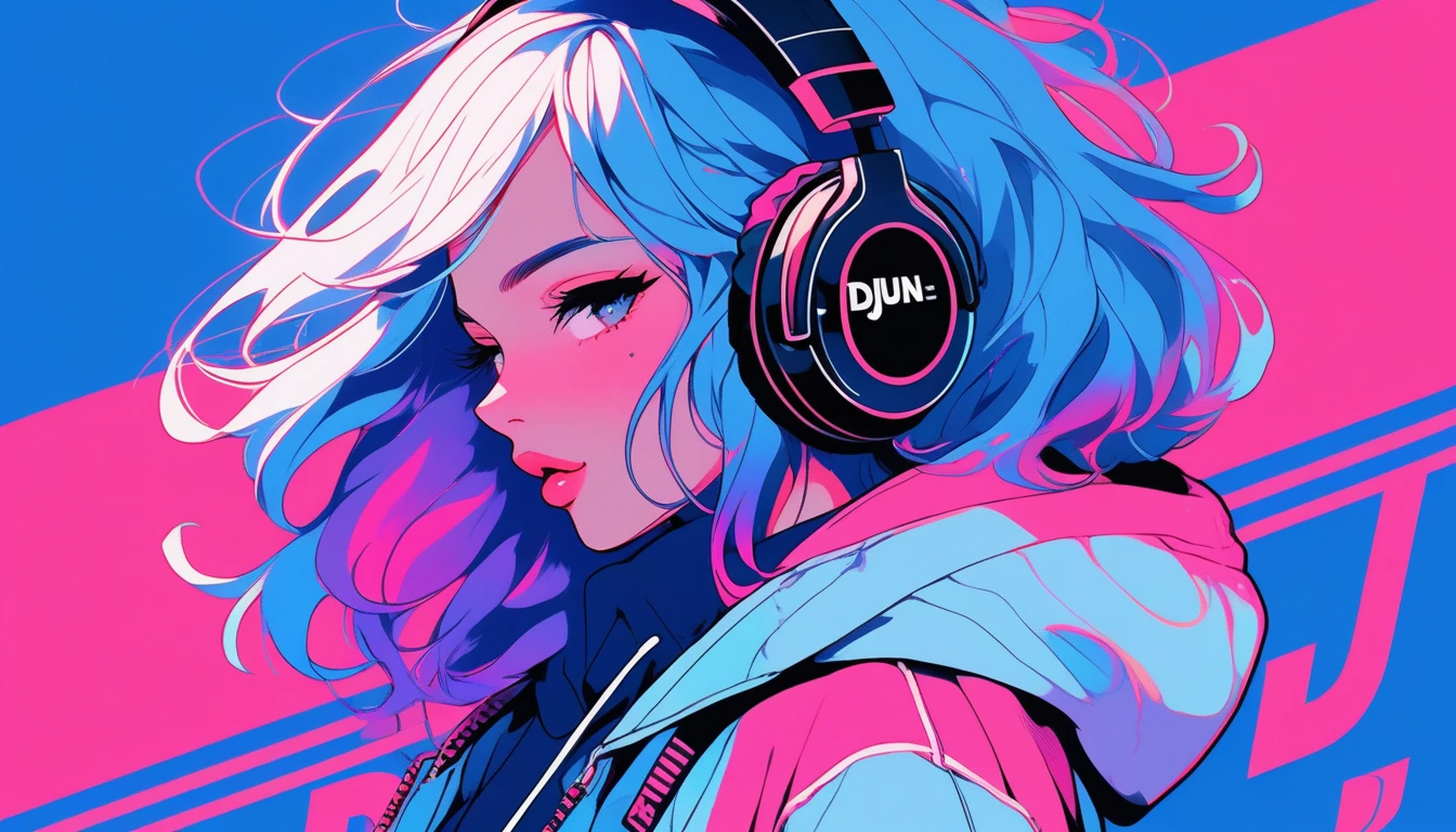 Illustrator, anime , Realistic ,sketch , 1 Girl, ,lip, hoodie,order, Blue gradient background, Neon Hair,Textured Trim, Canadian, (masterpiece,Highest quality), lofi, Battle DJ girl in HIPHOP fashion wearing DJ headphones,