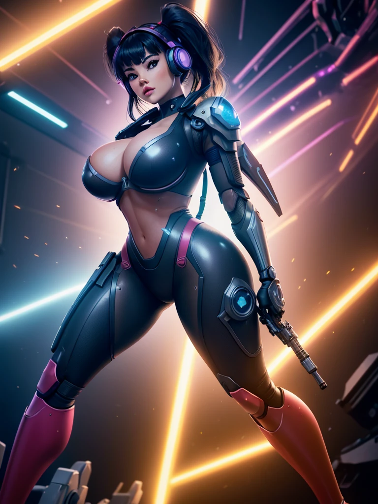 a girl wearing mecha cyber armor,technology bodysuit,smart lines in the costume,cleavage,tech boots,tech gloves,(mechanized valkyrie girl),full body,high heels,intricate details,hyper realistic,8k,award winning,cinematic lighting,dynamic pose,dramatic colors,complex patterns,futuristic,cyberpunk,chiaroscuro lighting,highly detailed,photorealistic,unreal engine,volumetric fog,advanced rendering, Hand aiming with gun..