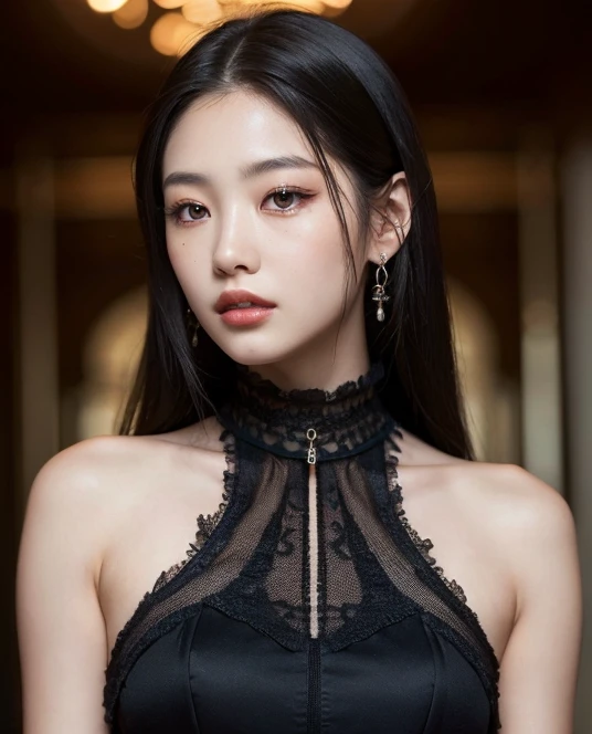 （（Surreal、Super detailed image, maybe a photo.，Captures the details of the skin texture of an incredibly beautiful woman.））Wearing a Lucid Dream dress，long black hair。