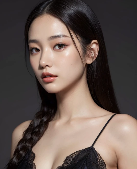 Attractive cleavage,Black color hair,a beauty girl,Asian people,of a real,Photoreal,((Security suits)),full bodyesbian, semi-open strawberry lips, dimple, wistful look, Black eyes (Very long wavy gray hair), ((Detailed face)), ((Detailed facial features)), (Fine fine skin), Fair skin and redness, ((Deep neckline detailing high-tech cyberpunk dress)), cyberpunk mega city environment, (Cool colors), Pondering, (Masterpiece) (perfect aspect ratio)(Realistic photo)(Best quality) (Detailed) Shot on a Canon EOS R5, 50mm lens, f/2.8, hdr, (8K) (the wallpaper) (Cinematic lighting) (Dramatic lighting) (Sharp focus) (Intricate), Original photo, posing for camera, Black jeans, back arms, 8K, Ultra HD, Digital SLR, High quality, filmgrain, Fujifilm XT3