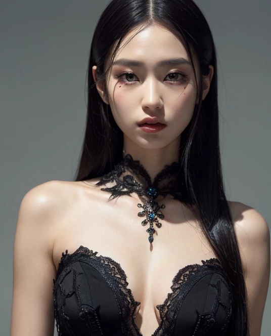 （（Surreal、Super detailed image, maybe a photo.，Captures the details of the skin texture of an incredibly beautiful woman.））Wearing a Lucid Dream dress，long black hair。