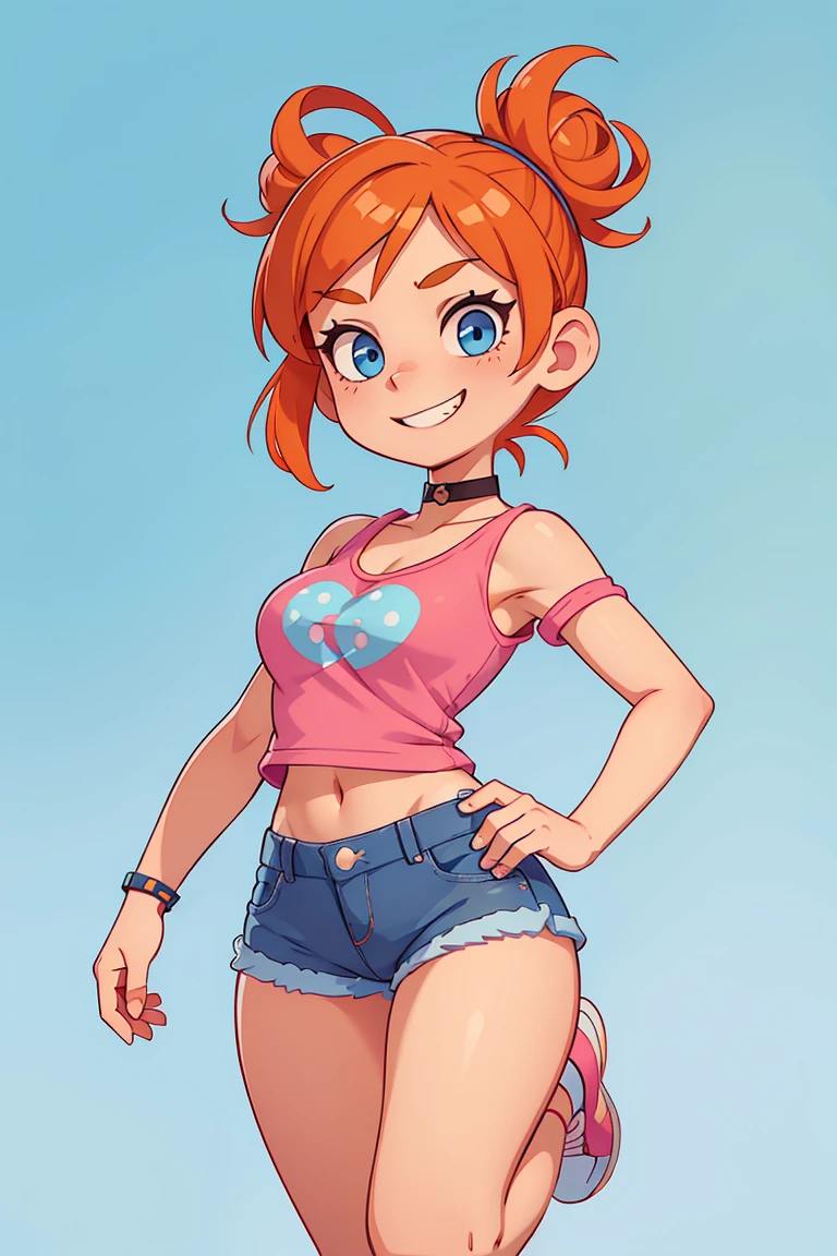 1girl, solo, orange hair, twin buns, blue eyes, eyeliner, light grin, medium breasts, pink t-shirt, black choker, bare shoulders, denim shorts, light blue sneakers