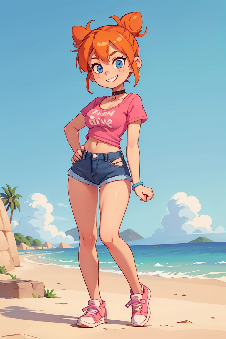 1girl, solo, orange hair, twin buns, blue eyes, eyeliner, light grin, medium breasts, pink t-shirt, black choker, bare shoulders, denim shorts, light blue sneakers
