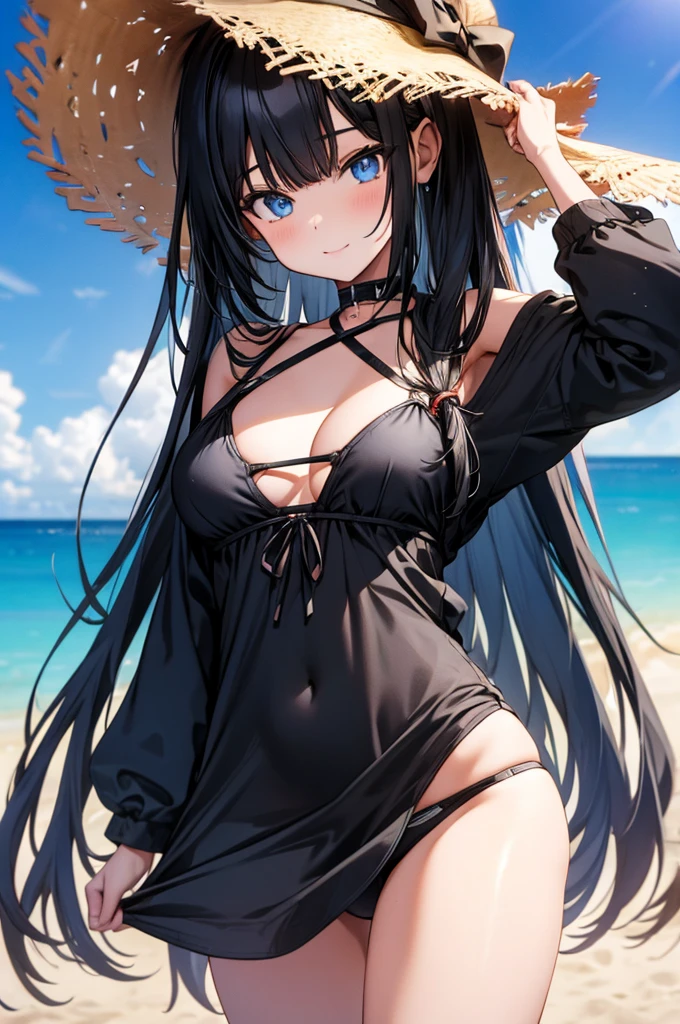 (masterpiece:1.3), (best quality:1.1), (8k, ultra detailed, ultra high res:1.2), ((anime style)), perfect 5 fingers, perfect anatomy,
1girl,
BREAK long hair,
black hair,
blue eyes,
(medium :0.9),
looking at viewer, upper body,
BREAK standing, bikini, black bikini,
perfect light,
(detailed background:1.2), outdoors, outside, sea, summer, beach,