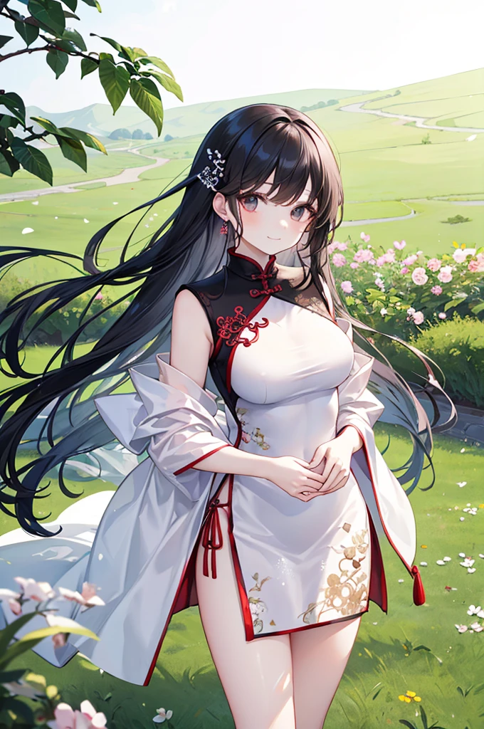 Beautiful Chinese girl,Wearing a crisp white wedding dress,(transparent),Black long hair,watcher,Upper Body,Standing on the grass,Lovely,A slight smile on the face,Large bust,(Slim legs:10.0),Peerless Beauty,Wearing Chinese ancient jade hairpin jewelry,Red leg