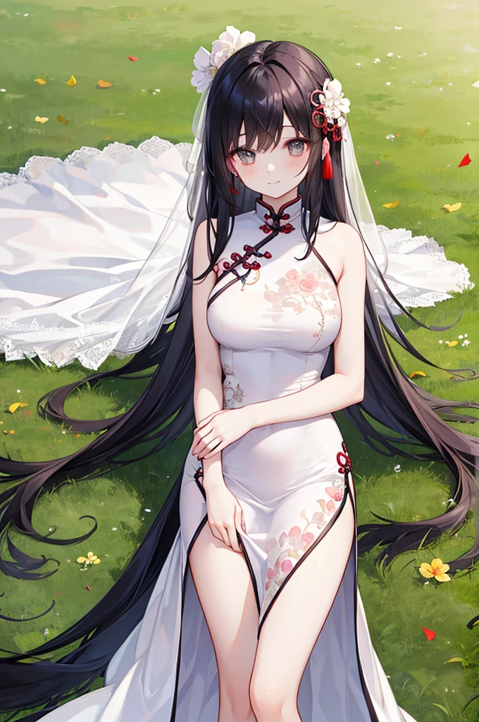 Beautiful Chinese girl,Wearing a crisp white wedding dress,(transparent),Black long hair,watcher,Upper Body,Standing on the grass,Lovely,A slight smile on the face,Large bust,(Slim legs:10.0),Peerless Beauty,Wearing Chinese ancient jade hairpin jewelry,Red leg