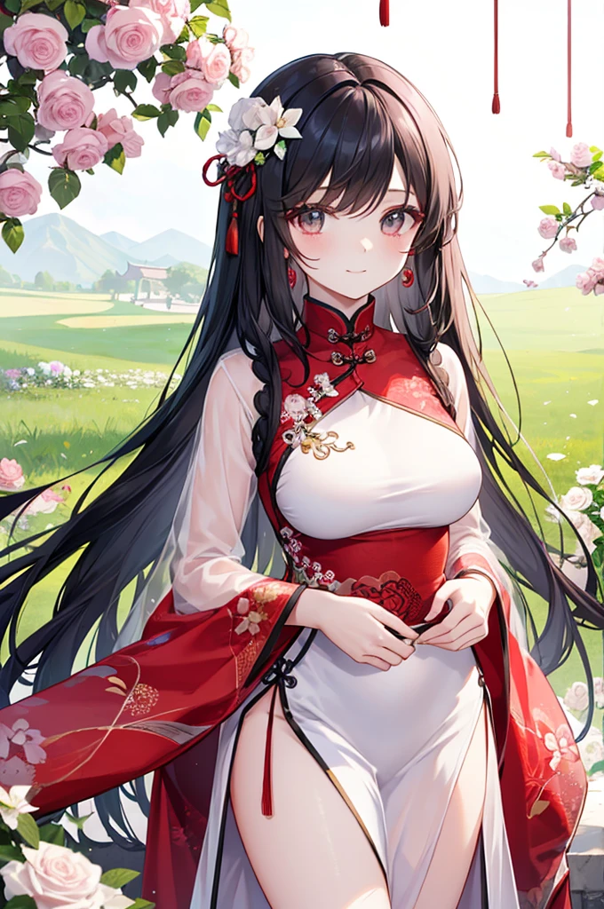 Beautiful Chinese girl,Wearing a crisp white wedding dress,(transparent),Black long hair,watcher,Upper Body,Standing on the grass,Lovely,A slight smile on the face,Large bust,(Slim legs:10.0),Peerless Beauty,Wearing Chinese ancient jade hairpin jewelry,Red leg