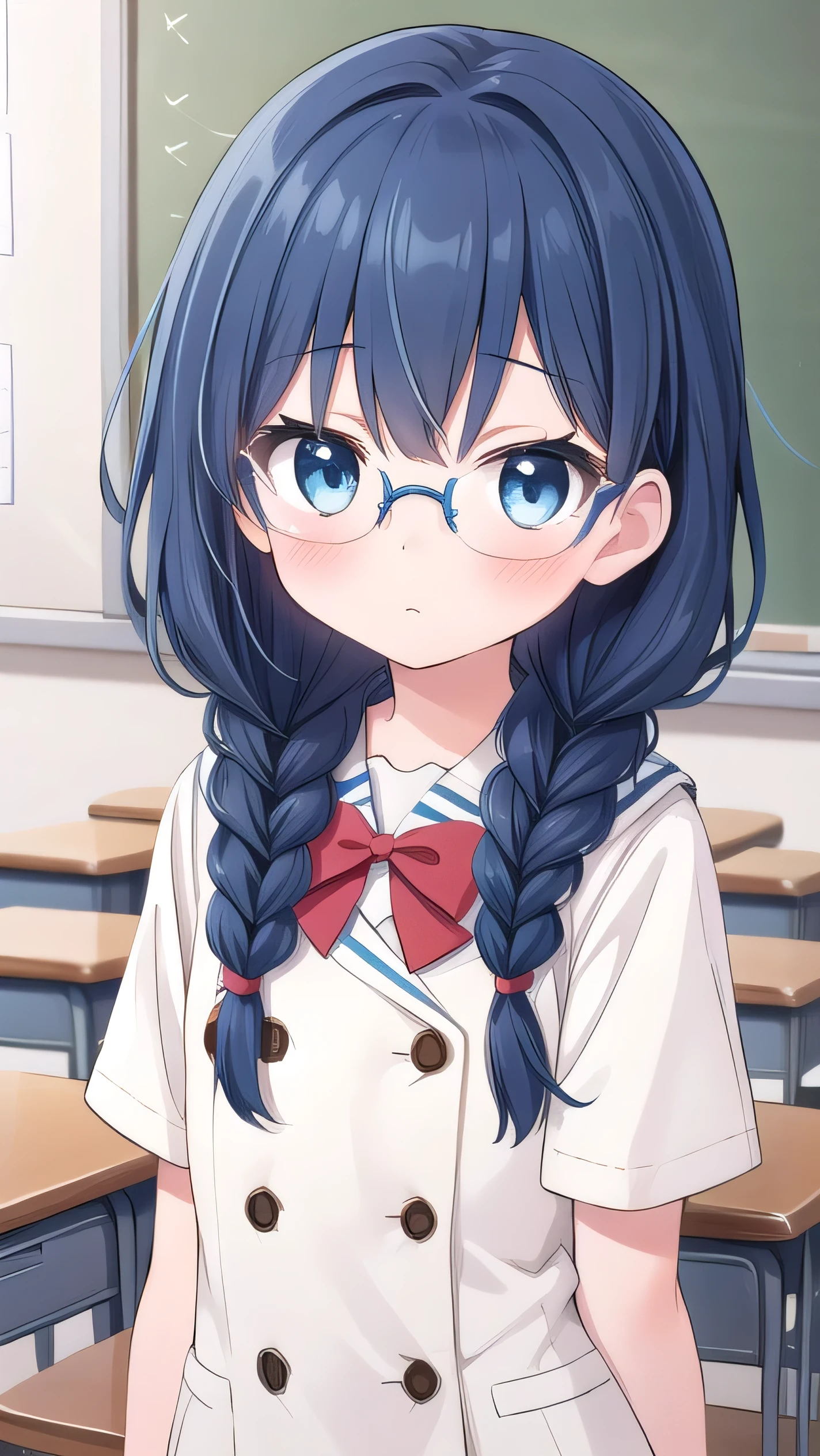 small breasted girl, short, elementary school student, blue hair, single braid, blue eyes, round eyes, shy, shy, classroom, short, young face, short height, , glasses with no edges,flat chest,