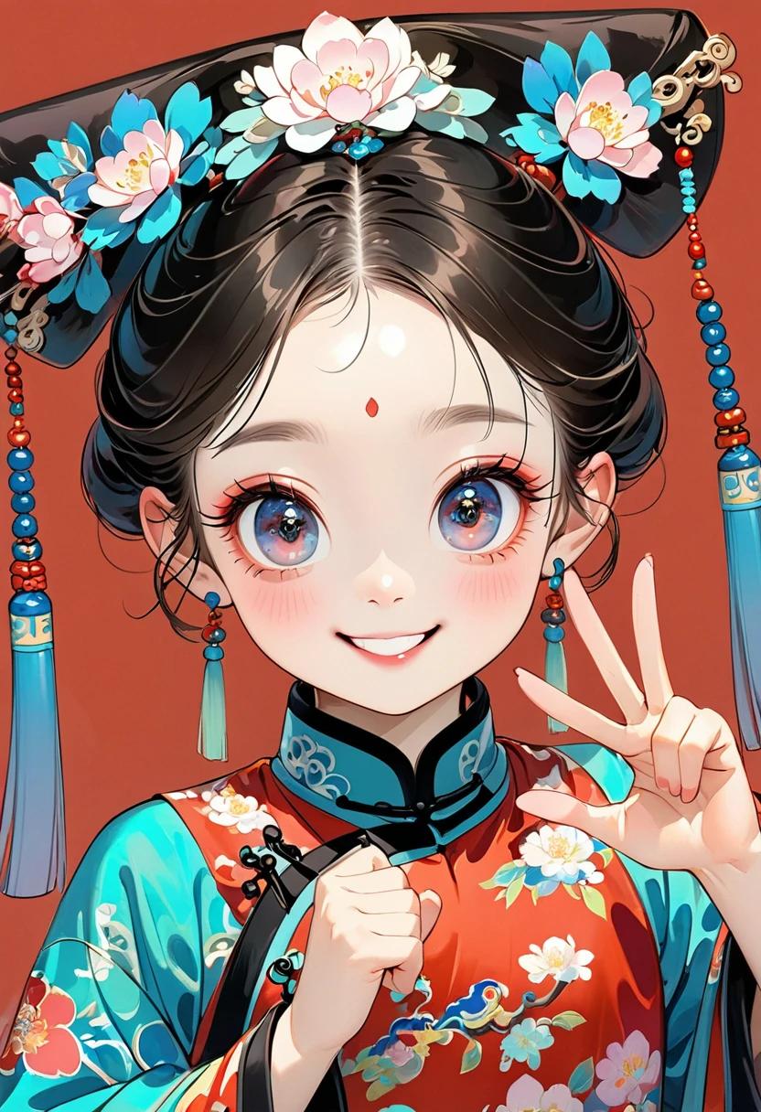 Fine brushwork,Thick coating of the board,Colored pencils,Procreate board drawing beautiful digital art,Clean lines,Beautiful Chinese Qing Dynasty ,Big bright eyes,Exquisite facial features,Smile,happy,Qing Dynasty Clothing,(((V gesture))).Bright colors,High Saturation,Red background