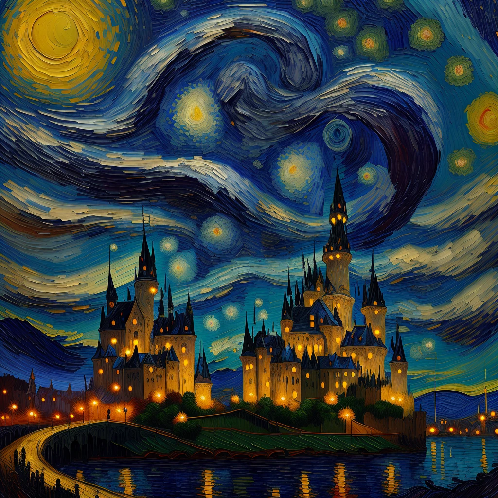 In a Van Gogh-inspired oil painting, the castle's swirling, vivid colors breathed life into its towering walls. Expressionist brushstrokes captured the structure's grandeur, while star-speckled skies echoed the artist's signature style.