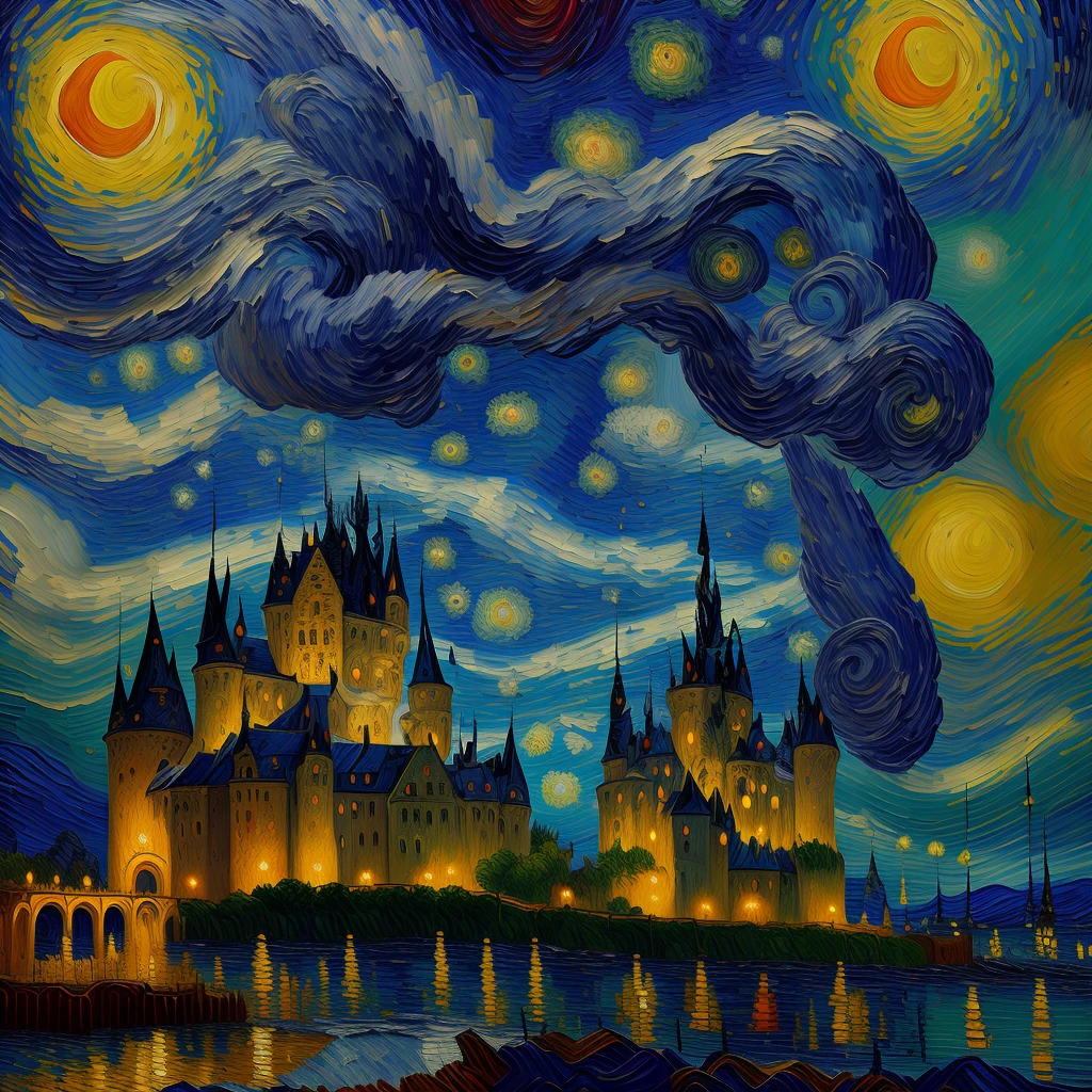 In a Van Gogh-inspired oil painting, the castle's swirling, vivid colors breathed life into its towering walls. Expressionist brushstrokes captured the structure's grandeur, while star-speckled skies echoed the artist's signature style.