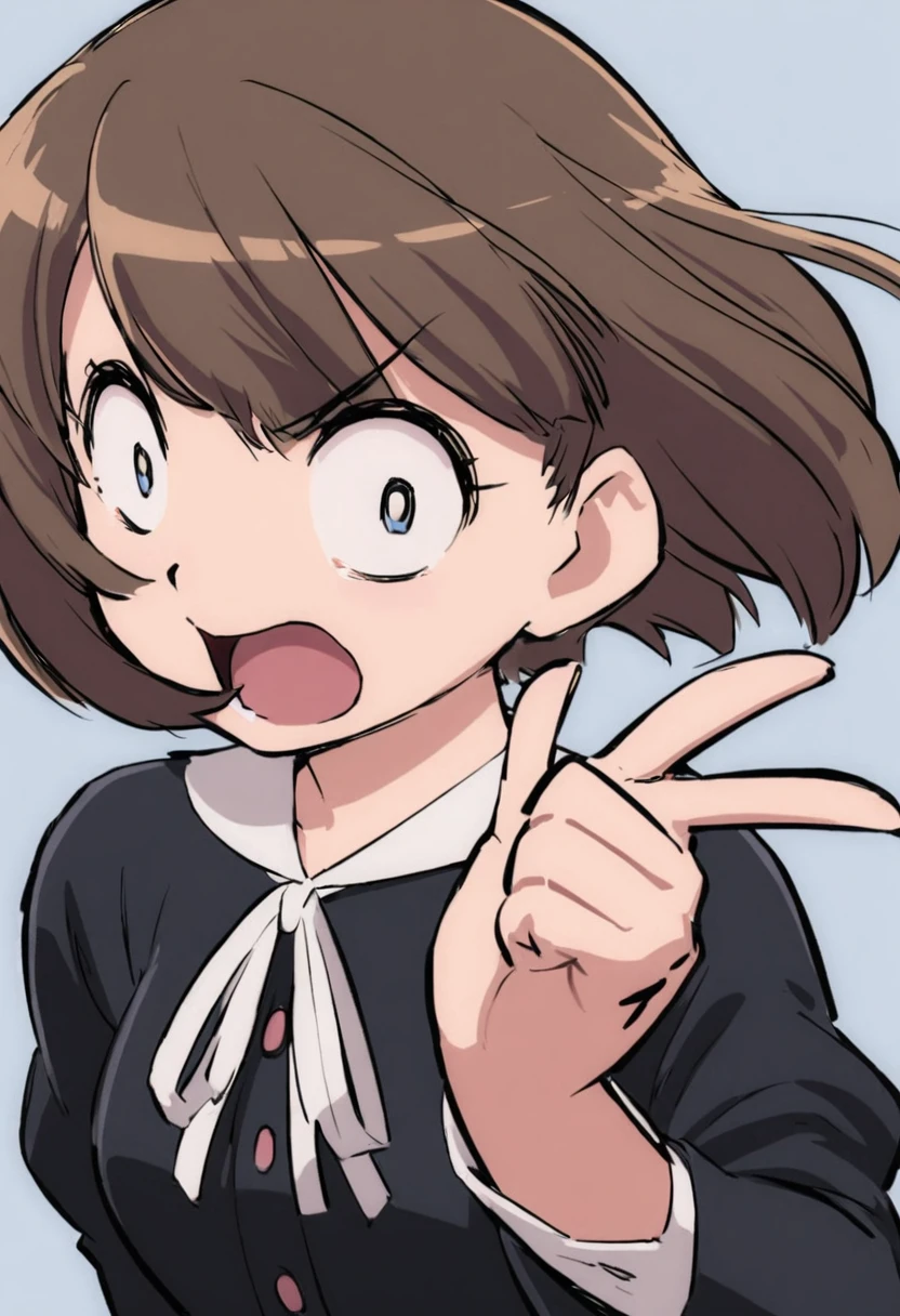 Woman pointing something in her hand with surprised face with short hair