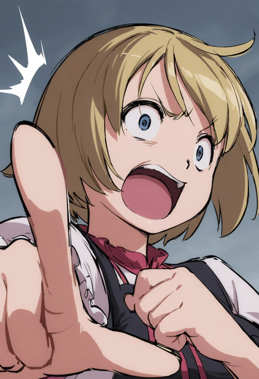 Woman pointing something in her hand with surprised face with short hair