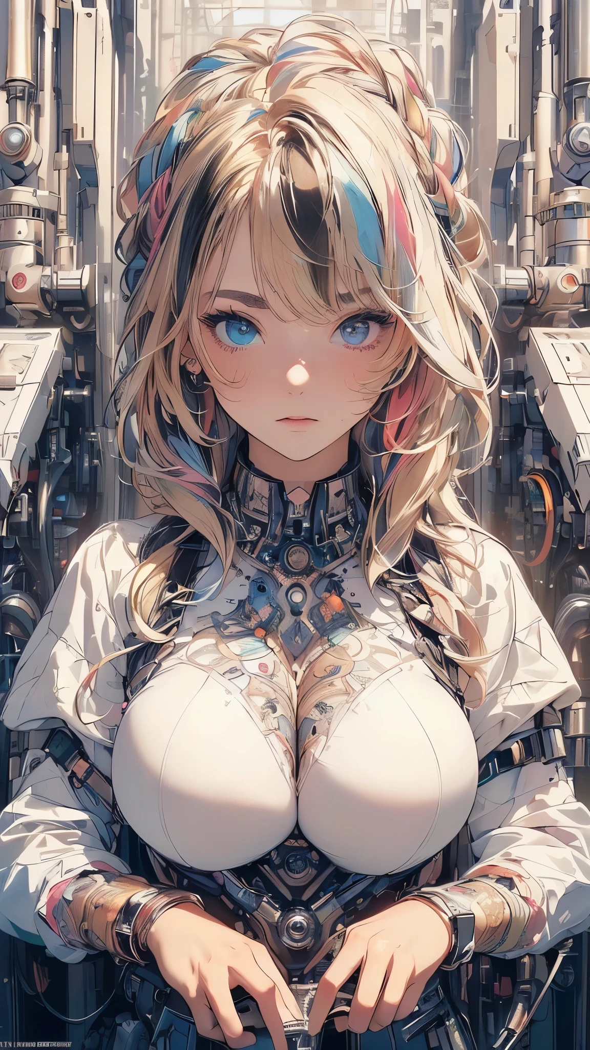 (((masterpiece, Highest quality))),(((alone:1.2))),(((One girl:1.2))),32K Wallpapers, Very detailed,(((((portfolio))))),(((((close))))),(((((breast enhancement))))),((((More Angles)))),(((highlight))),((((Heterochromia iridis)))),(((completion. Detailed face))),((((Very talented)))),(((((The most complex machine))))),(((Genius Mechanic))),((Overall colorful)),(((((Huge breasts