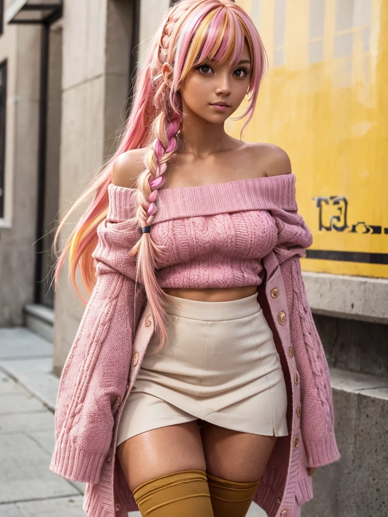 (best quality), 1girl, Female, tanned skin, pink hair, yellow streaked hair, side braid, long hair, asymmetrical bangs, brown eyes, perfect eyes, normal bust, off-shoulder_sweater, long_skirt, thighhighs, masterpiece, anatomically correct, highres