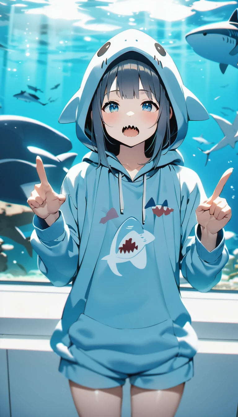 Highest quality、masterpiece:1.3、Perfect Anatomy、One Girl、Shark-chan、かわいいShark-chan、Shark-themed hoodie、Shark teeth on the hood、Wearing a hood、Light Blue Hoodie、Girl with open mouth、Sharp teeth、Shark themed hoodie、Light blue culottes、Correct finger drawing、break、aquarium、Large aquarium、美ら海aquarium、Highly detailed whale shark、A whale shark swimming gracefully in the tank、暗いaquarium、Low light、