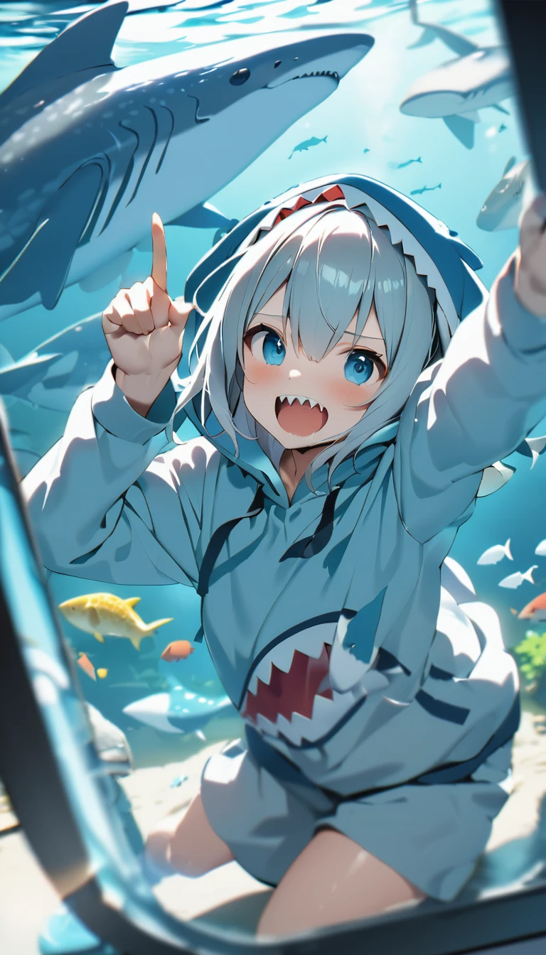 Highest quality、masterpiece:1.3、Perfect Anatomy、One Girl、Shark-chan、かわいいShark-chan、Shark-themed hoodie、Shark teeth on the hood、Wearing a hood、Light Blue Hoodie、Girl with open mouth、Sharp teeth、Shark themed hoodie、Light blue culottes、Correct finger drawing、break、aquarium、Large aquarium、美ら海aquarium、Highly detailed whale shark、A whale shark swimming gracefully in the tank、暗いaquarium、Low light、