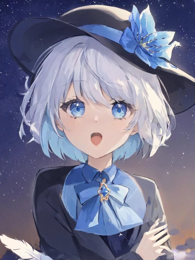 1girl, solo, blue_eyes, gloves, hat, looking_at_viewer, bow, blue_hair, open_mouth, white_hair, brooch, short_hair, flower, black_gloves, jewelry, hair_between_eyes, star_\(sky\), hat_bow, upper_body, ahoge, blue_theme, bangs, ascot, long_sleeves, blurry, blue_headwear, blurry_foreground, blue_bow, ribbon, sky, jacket, starry_sky, depth_of_field, blue_shirt, multicolored_hair, blue_flower, black_headwear, hat_flower, hat_feather