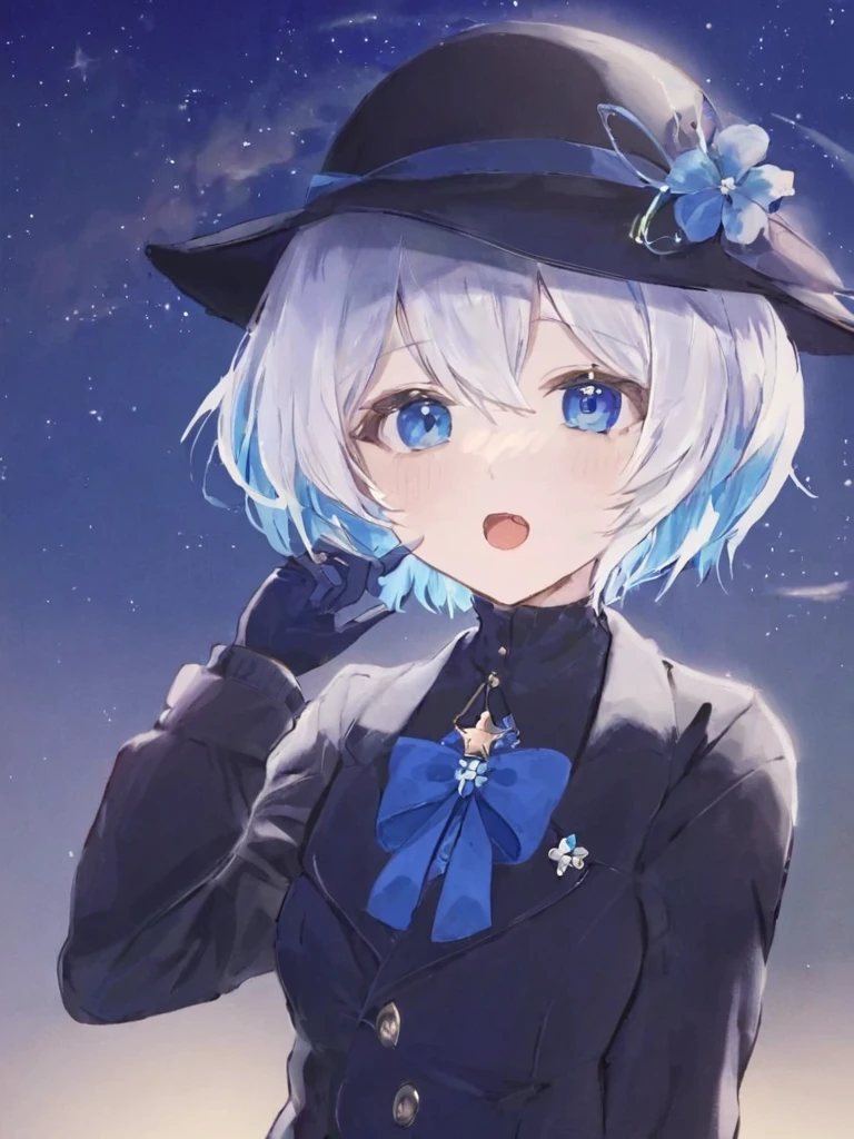 1girl, solo, blue_eyes, gloves, hat, looking_at_viewer, bow, blue_hair, open_mouth, white_hair, brooch, short_hair, flower, black_gloves, jewelry, hair_between_eyes, star_\(sky\), hat_bow, upper_body, ahoge, blue_theme, bangs, ascot, long_sleeves, blurry, blue_headwear, blurry_foreground, blue_bow, ribbon, sky, jacket, starry_sky, depth_of_field, blue_shirt, multicolored_hair, blue_flower, black_headwear, hat_flower, hat_feather