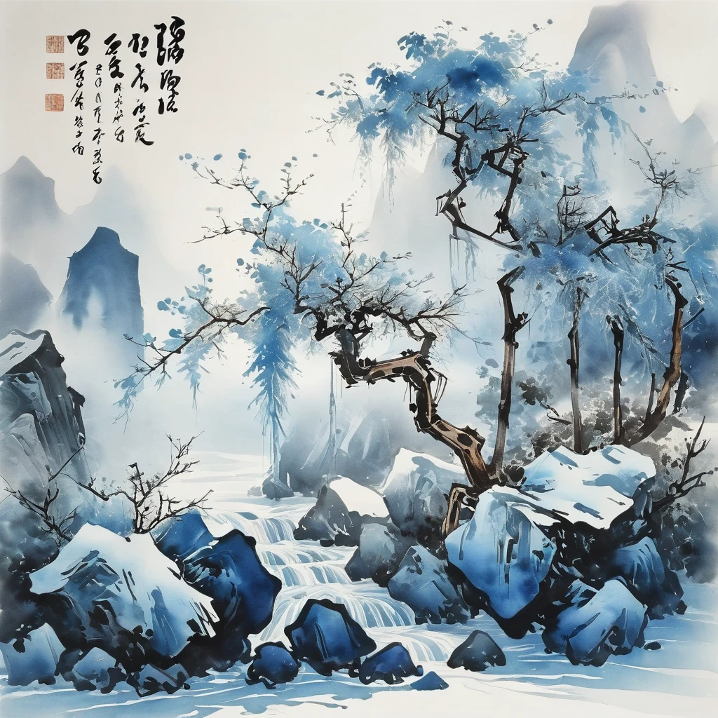 (Ink painting and watercolor painting:1.5), (landscape painting:1.5), (Tasteful:1.5), (rock:1.5),(Tree:1.5), (Ink painting and watercolor painting:1.5), (Chinese style:1.5), (Rime ice:1.5), (Rime ice:1.5), (ice crystals:1.5), (Rime ice covered the Trees:1.5), (frozen Tree:1.5),