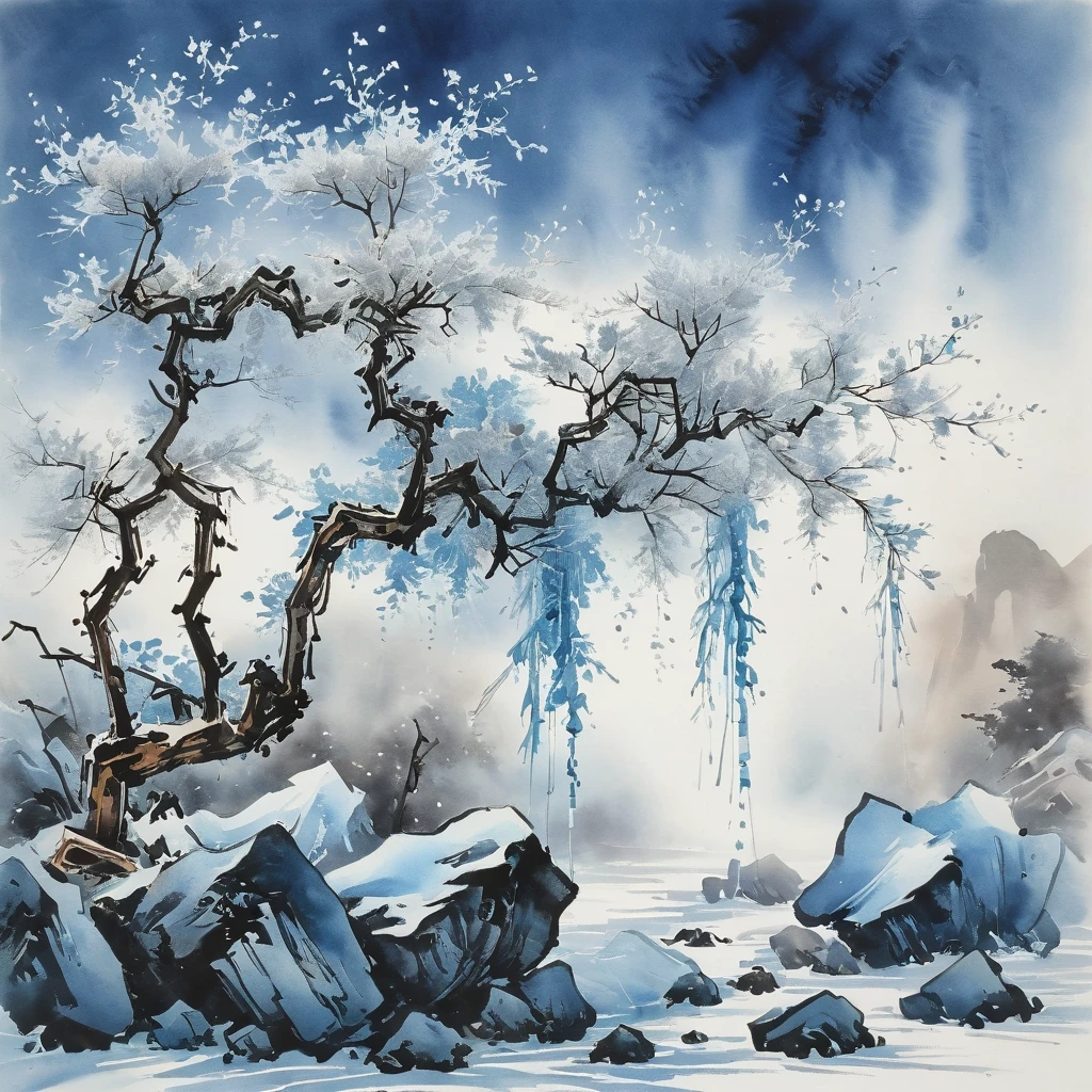 (Ink painting and watercolor painting:1.5), (landscape painting:1.5), (Tasteful:1.5), (rock:1.5)，(Tree:1.5), (Ink painting and watercolor painting:1.5), (Chinese style:1.5), (Rime ice:1.5), (Rime ice:1.5), (ice crystals:1.5), (Rime ice covered the Trees:1.5), (frozen Tree:1.5),