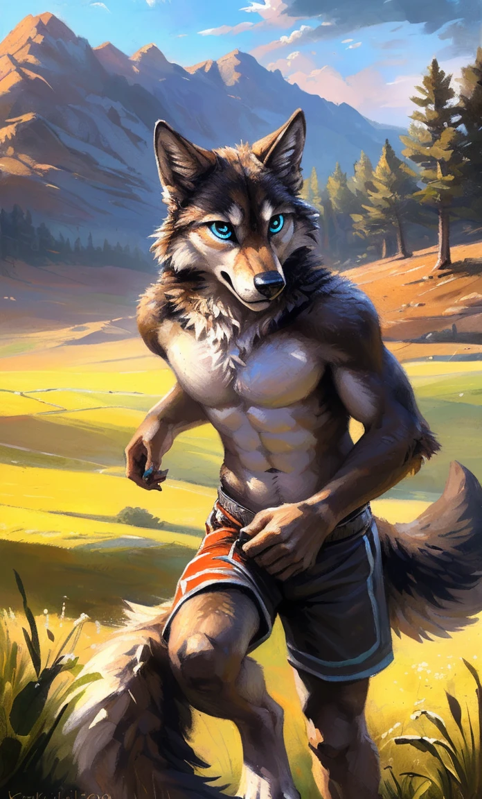 ((Solo)), male people, anthro wolf, (Multi-colored fur, White-brown:1.3,White tail pointed), (Height 2.1m,Tail length 1.2m), ((Wolf face, Big eyes, White eyelids, Blue pupil, Slim:1.2) (Tough, Calm expression:1.2)), Abs, Slim, pinging)), (Correct anatomy), (Work shorts:1.1), The upper body naked, (detailed outfits),A long big tail,Feet,(Realistic fur, Detailed fur texture, labeled:1.3)), (Natural lighting), Photorealistic, Hyperrealistic, ultradetailed, by Kenket,Field,erect through,Running on
