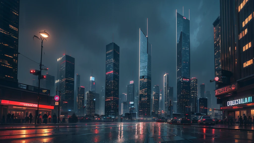 photorealistic detailed cityscape, urban landscape, tall skyscrapers, neon lights, rainy weather, wet streets, crosswalk, night sky, full moon, one bright star, cinematic composition, dramatic lighting, highly realistic, 4k, best quality, masterpiece