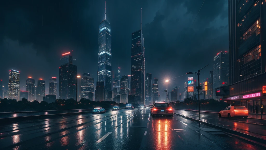 photorealistic detailed cityscape, urban landscape, tall skyscrapers, neon lights, rainy weather, wet streets, crosswalk, night sky, full moon, one bright star, cinematic composition, dramatic lighting, highly realistic, 4k, best quality, masterpiece