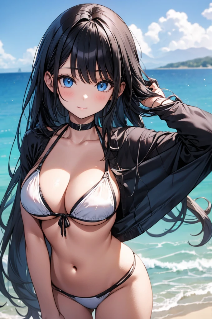 (masterpiece:1.3), (best quality:1.1), (8k, ultra detailed, ultra high res:1.2), ((anime style)), perfect 5 fingers, perfect anatomy, 
1girl,
BREAK long hair,  
black hair, 
blue eyes, 
(medium breasts:0.9), 
looking at viewer, upper body, 
BREAK standing, bikini,
perfect light, 
(detailed background:1.2), outdoors, outside, sea, summer, beach, 