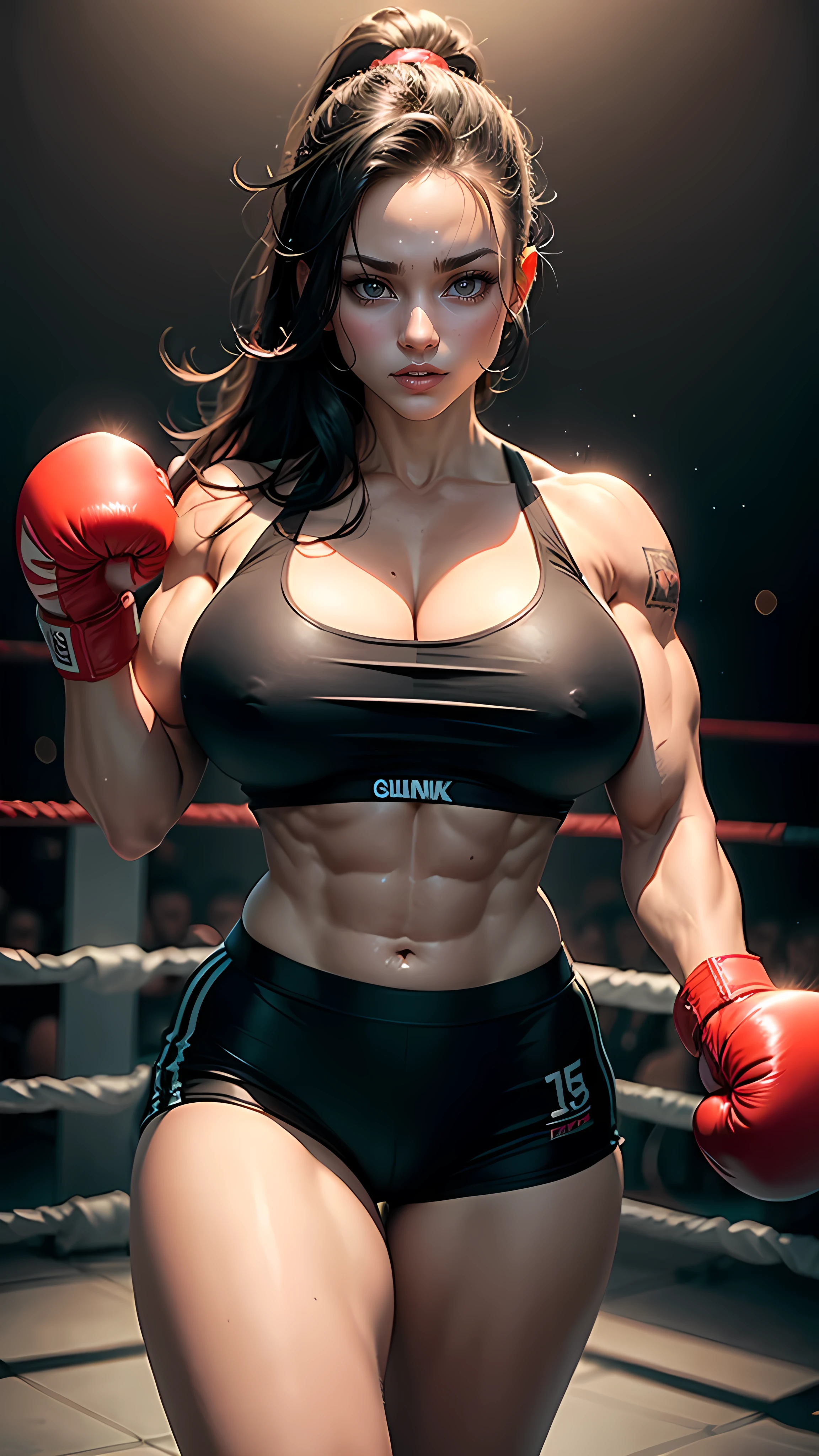 Punk girl, huge breasts:1.5, Massive Female Bodybuilder:1.5, gym, glowing black eyes, beautiful, young, fair skin, smooth hair, high quality, detailed, masterpiece, big boxing gloves